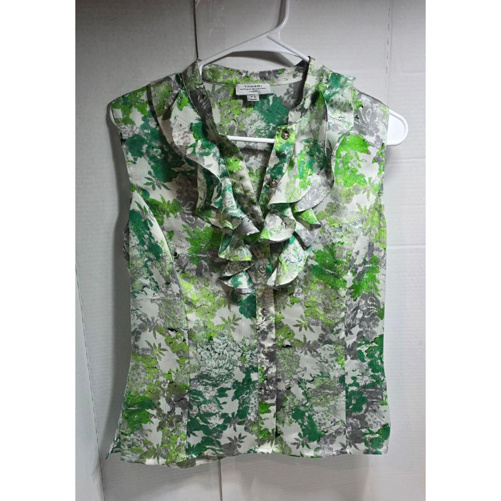 Women's TAHARI ARTHUR S. LEVINE Petite Blouse PS Green Gray Floral Ruffle